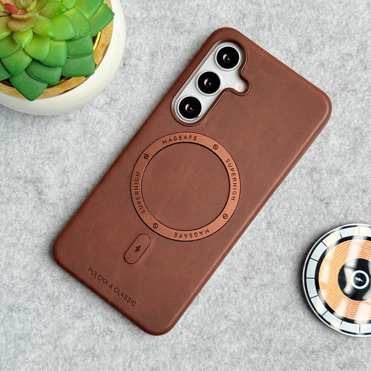Samsung Galaxy S25FE Premium PU Leather Metal MagSafe Ring Cover