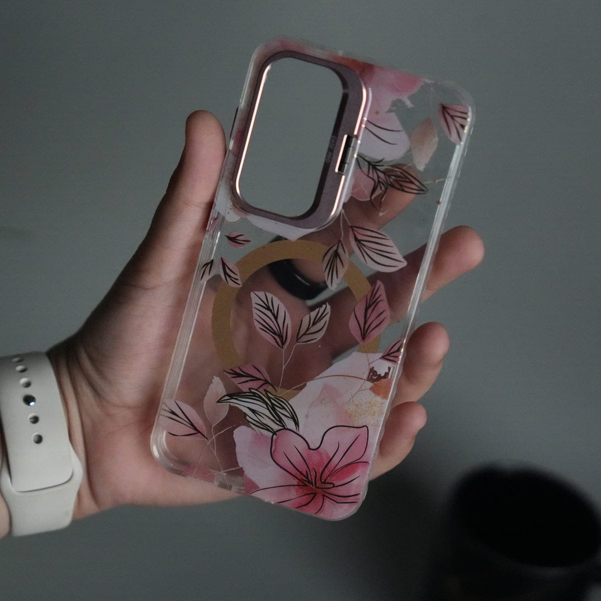 Galaxy S24 FloraCrystal Clear Floral Design Case with Color Metal Camera Stand Frame