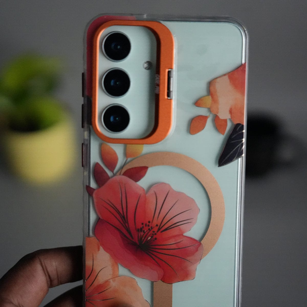 Galaxy S24 FloraCrystal Clear Floral Design Case with Color Metal Camera Stand Frame