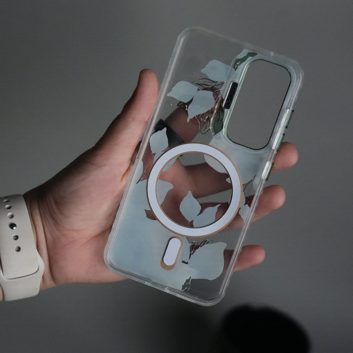 Galaxy S24 FloraCrystal Clear Floral Design Case with Color Metal Camera Stand Frame