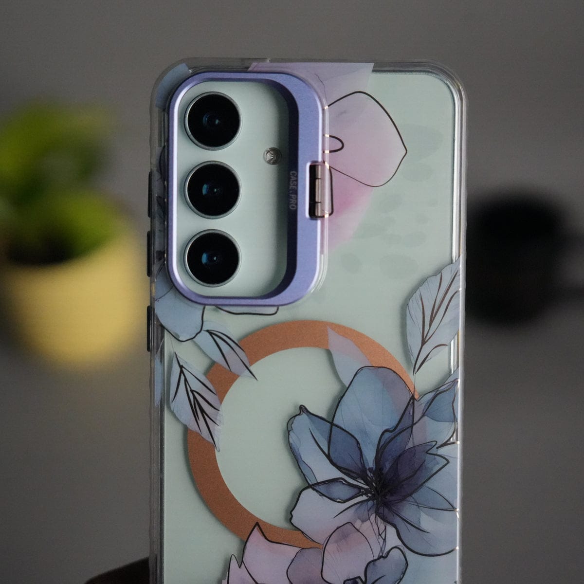 Galaxy S24 FloraCrystal Clear Floral Design Case with Color Metal Camera Stand Frame