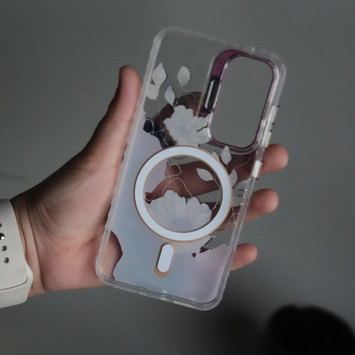 Galaxy S24 FloraCrystal Clear Floral Design Case with Color Metal Camera Stand Frame