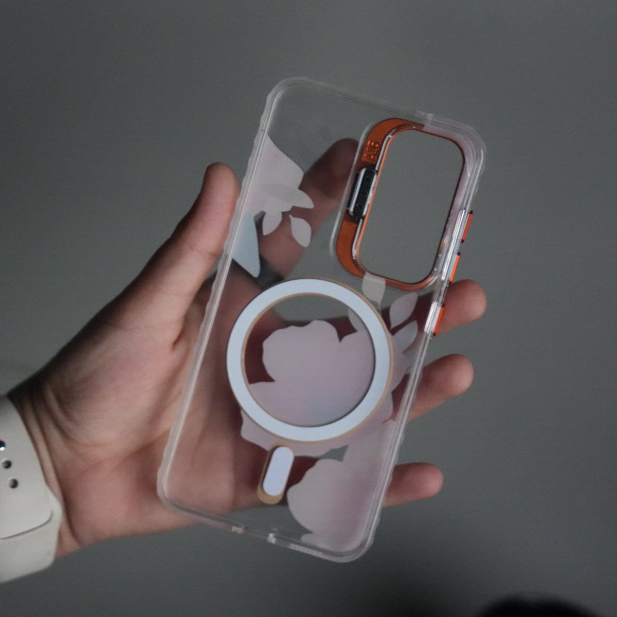 Galaxy S24 FloraCrystal Clear Floral Design Case with Color Metal Camera Stand Frame