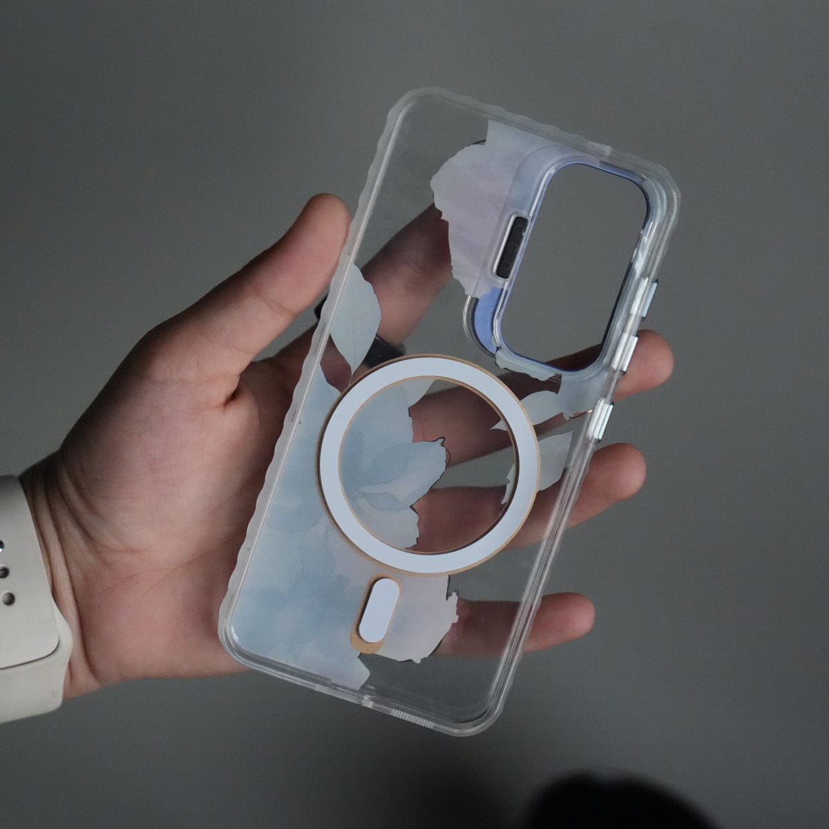 Galaxy S24 FloraCrystal Clear Floral Design Case with Color Metal Camera Stand Frame