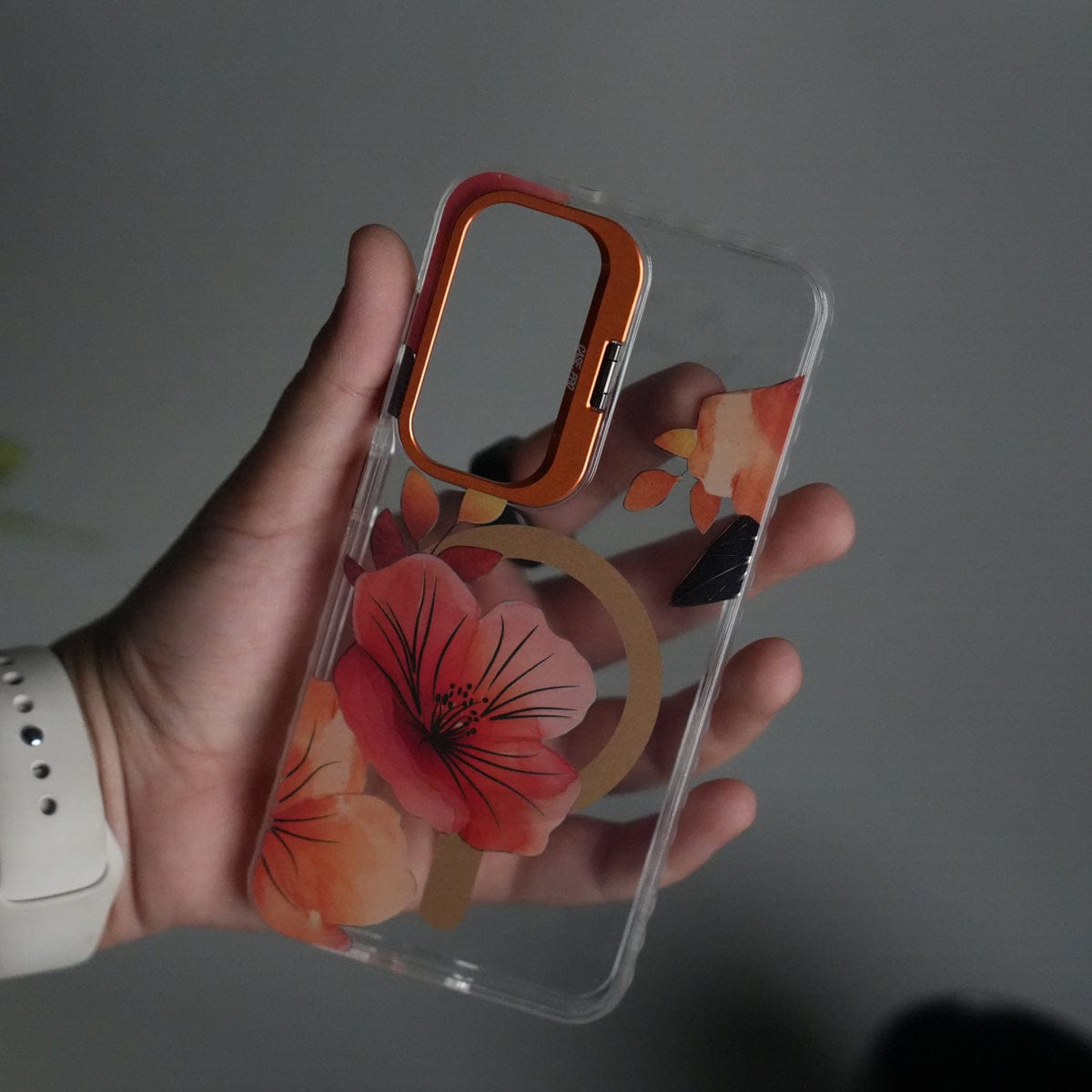 Galaxy S24 FloraCrystal Clear Floral Design Case with Color Metal Camera Stand Frame