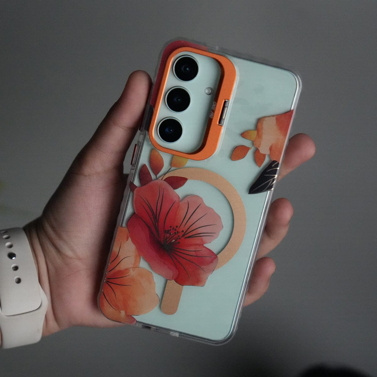 Galaxy S24 FloraCrystal Clear Floral Design Case with Color Metal Camera Stand Frame