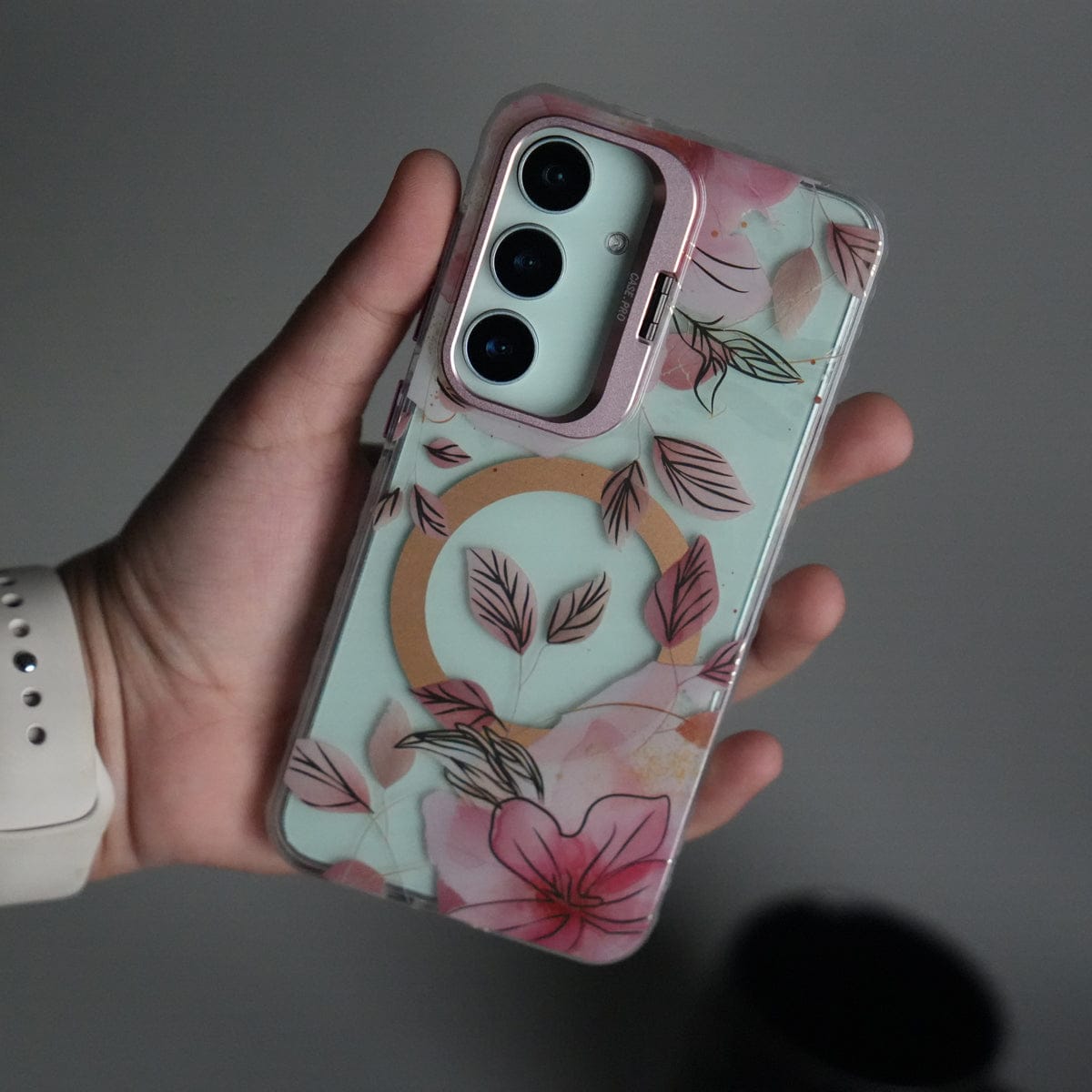 Galaxy S24 FloraCrystal Clear Floral Design Case with Color Metal Camera Stand Frame