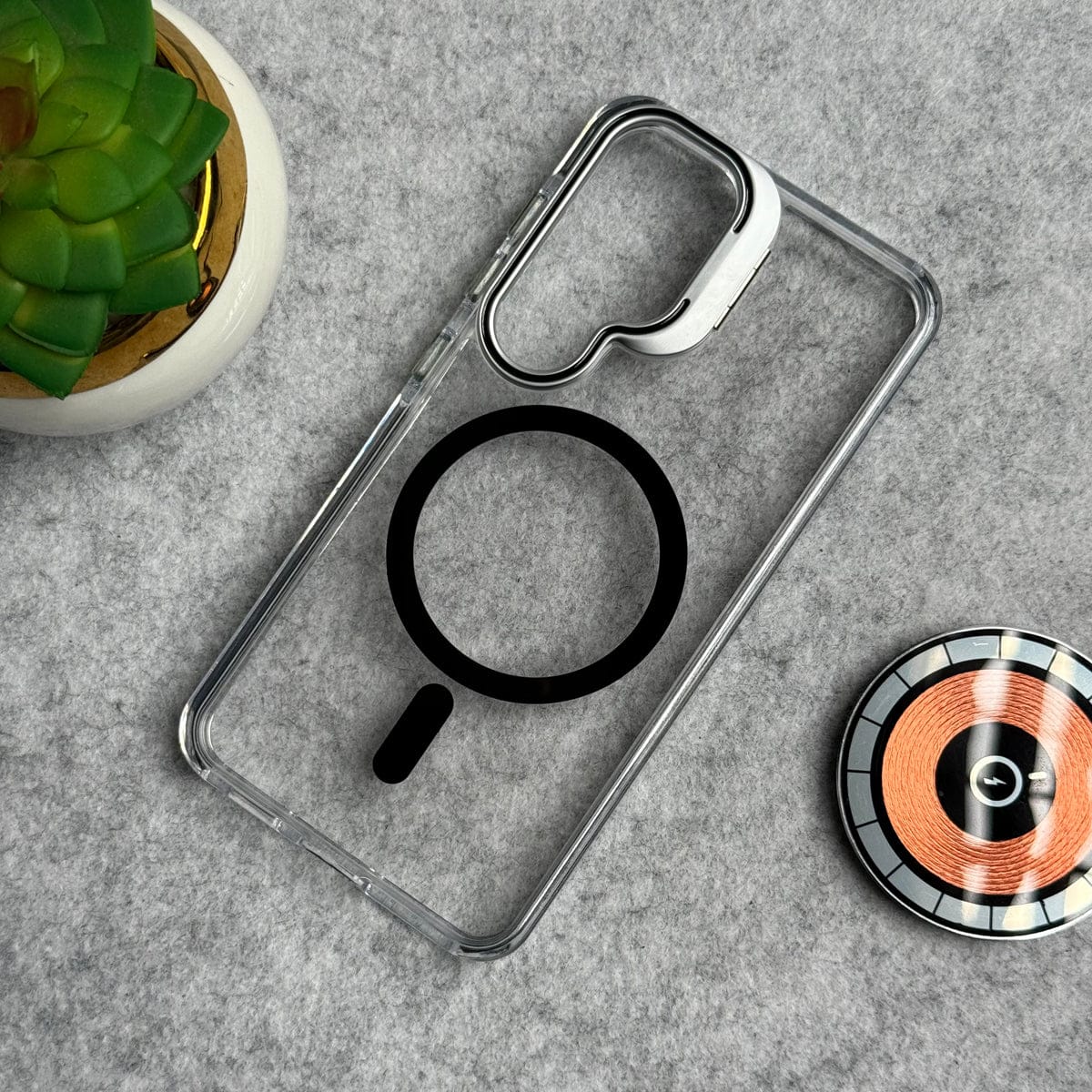 Samsung Galaxy S25FE Transparent MagSafe Cover With Metal Camera Bump Kick Stand