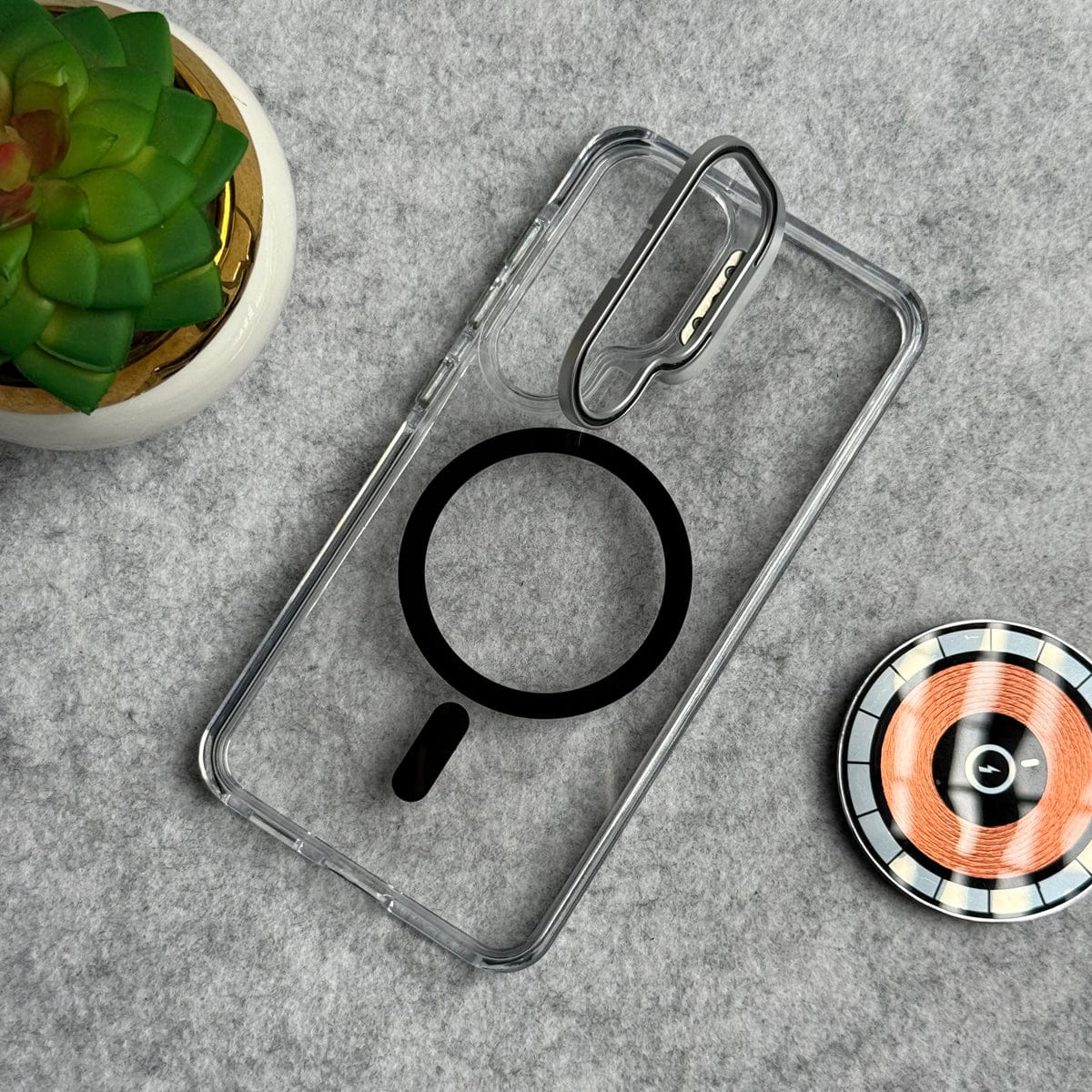 Samsung Galaxy S25FE Transparent MagSafe Cover With Metal Camera Bump Kick Stand