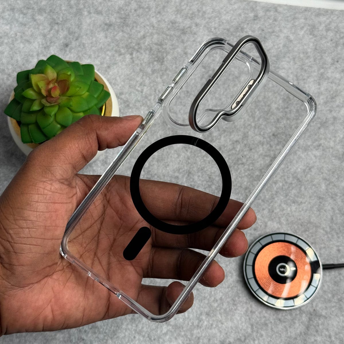 Samsung Galaxy S25FE Transparent MagSafe Cover With Metal Camera Bump Kick Stand
