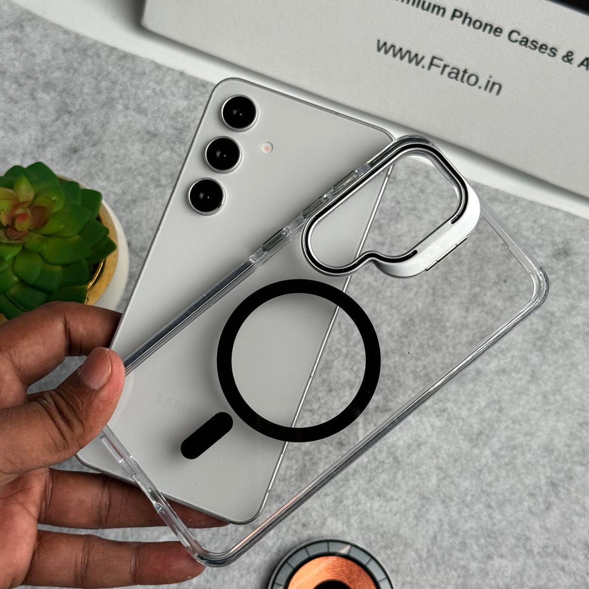 Samsung Galaxy S25FE Transparent MagSafe Cover With Metal Camera Bump Kick Stand