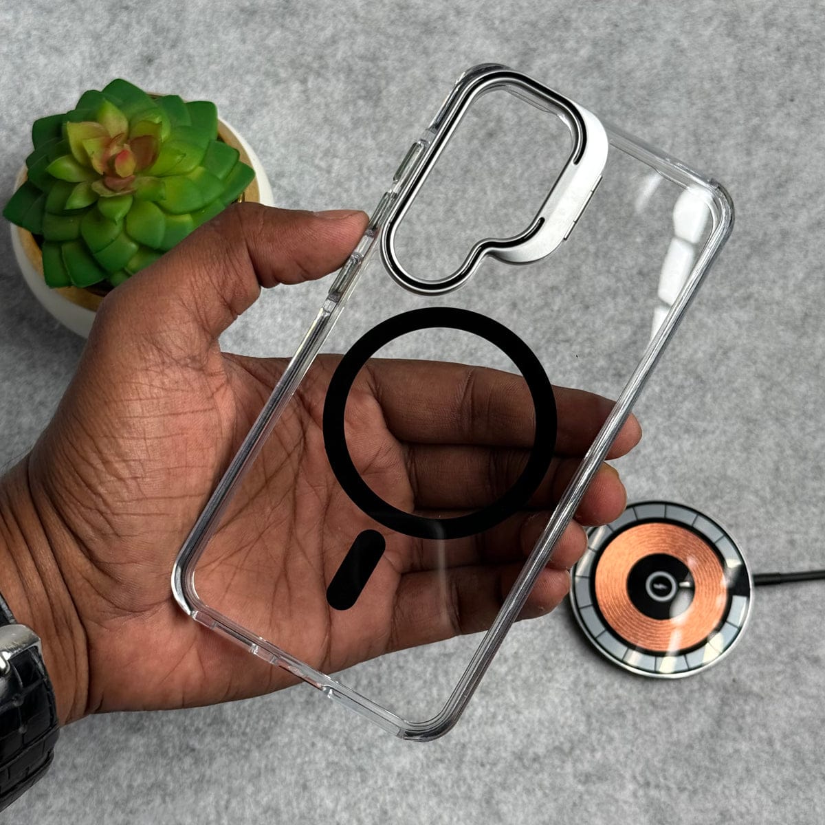 Samsung Galaxy S25FE Transparent MagSafe Cover With Metal Camera Bump Kick Stand