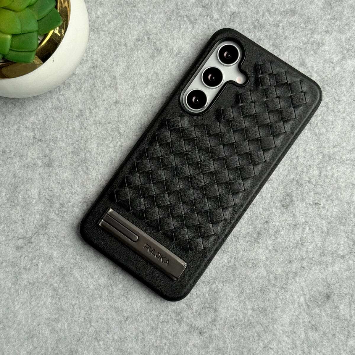 Samsung Galaxy S25 Weave Leather with Metal Kickstand Slim Back Cover
