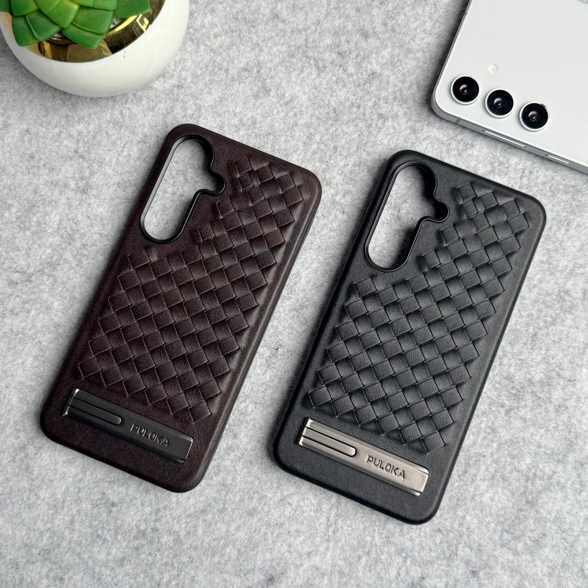 Samsung Galaxy S25 Weave Leather with Metal Kickstand Slim Back Cover