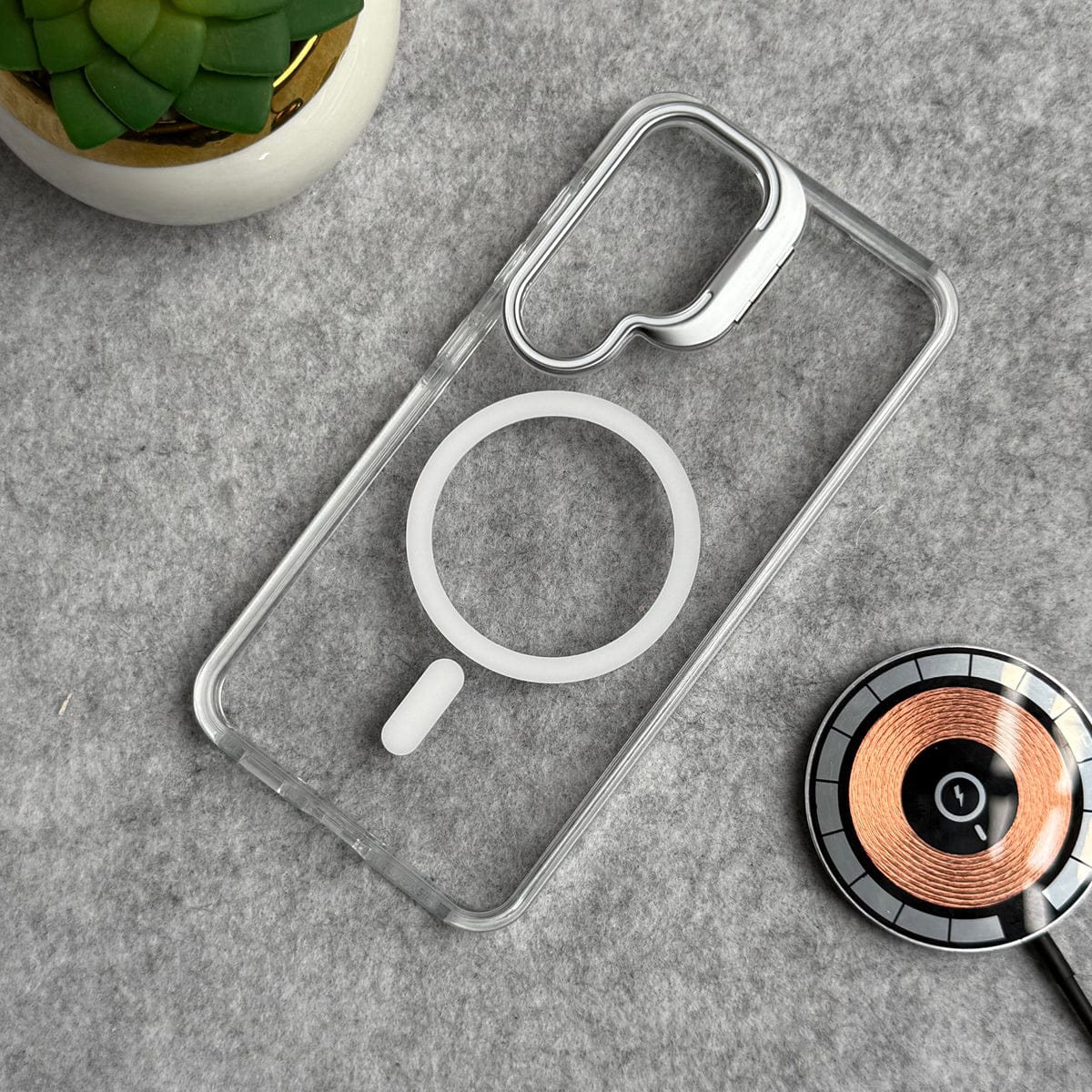Samsung Galaxy S25 FE Transparent MagSafe Cover Metal Camera Bump Kick Stand