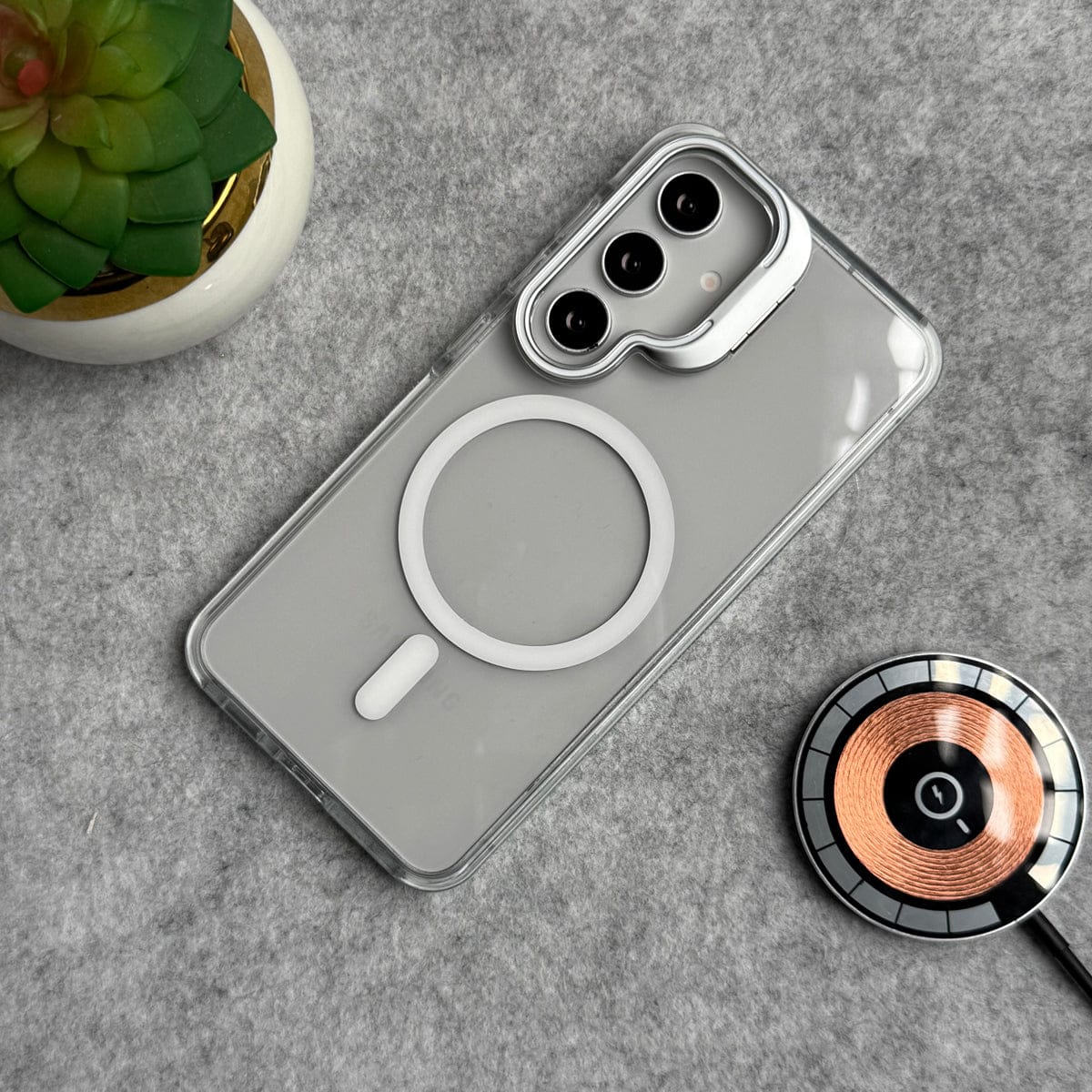 Samsung Galaxy S25 FE Transparent MagSafe Cover Metal Camera Bump Kick Stand