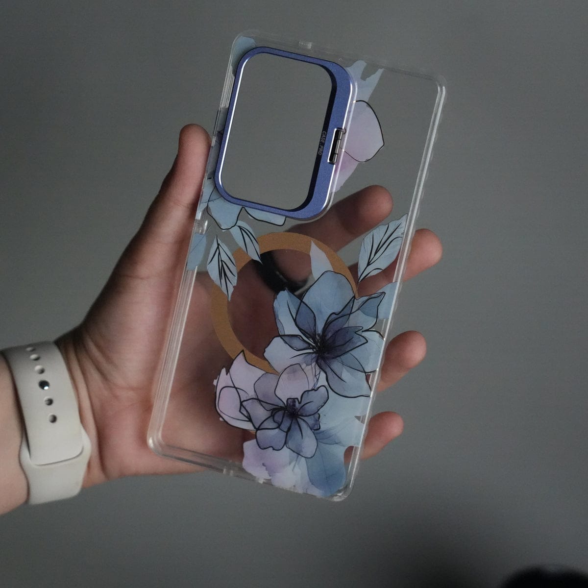Galaxy S24 Ultra FloraCrystal Clear Floral Design Case with Color Metal Camera Stand Frame