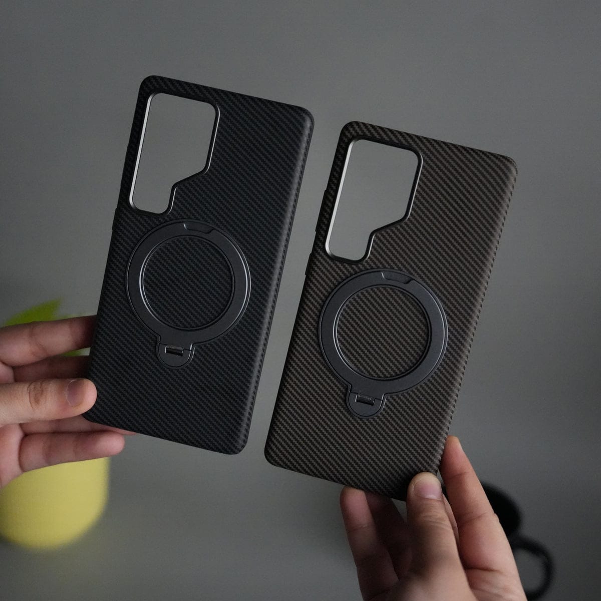 Galaxy S24 Ultra Carbon Fiber Texture Case with Metal Camera Frame & Rotating Ring Stand
