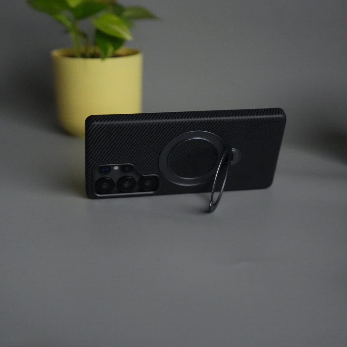 Galaxy S24 Ultra Carbon Fiber Texture Case with Metal Camera Frame & Rotating Ring Stand