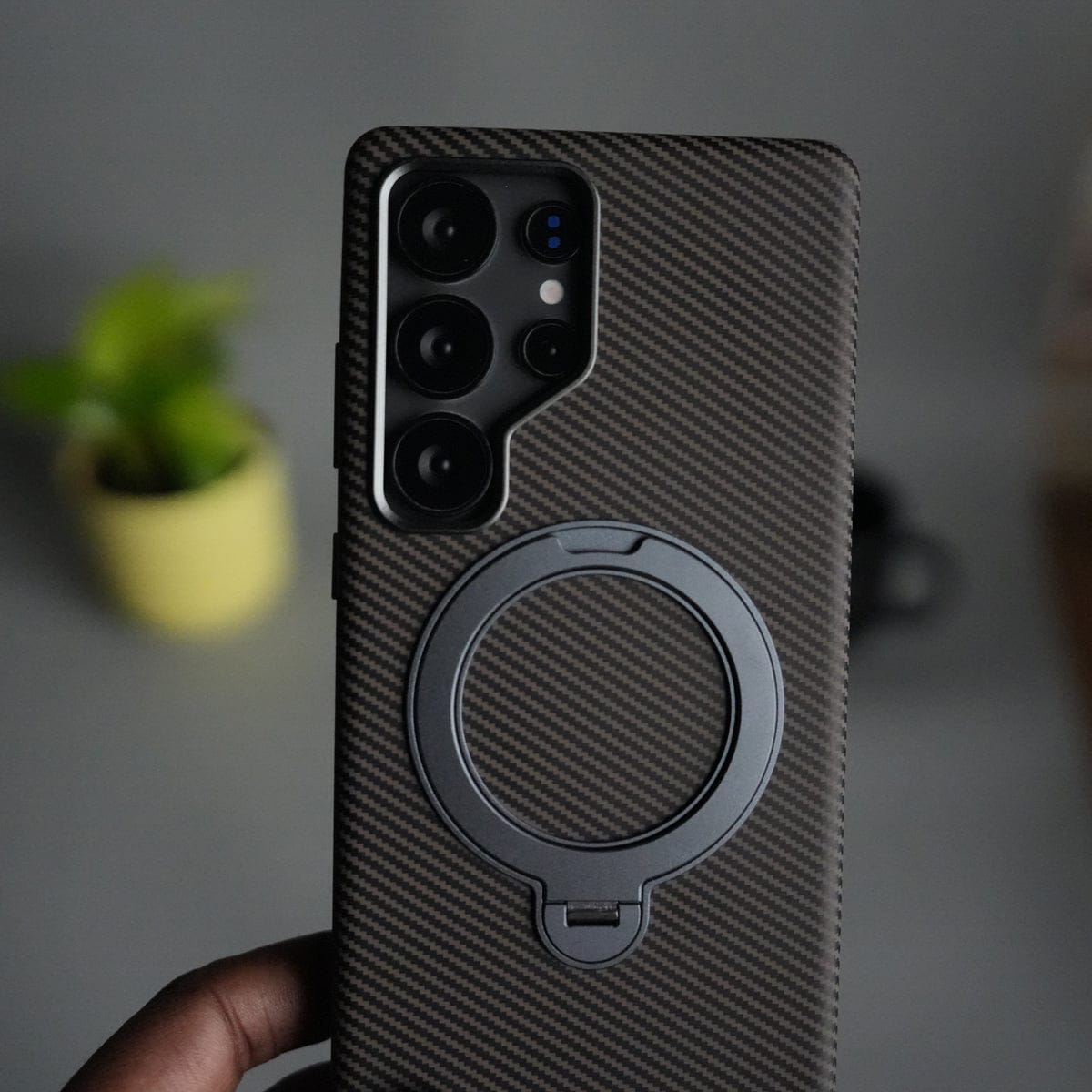 Galaxy S24 Ultra Carbon Fiber Texture Case with Metal Camera Frame & Rotating Ring Stand