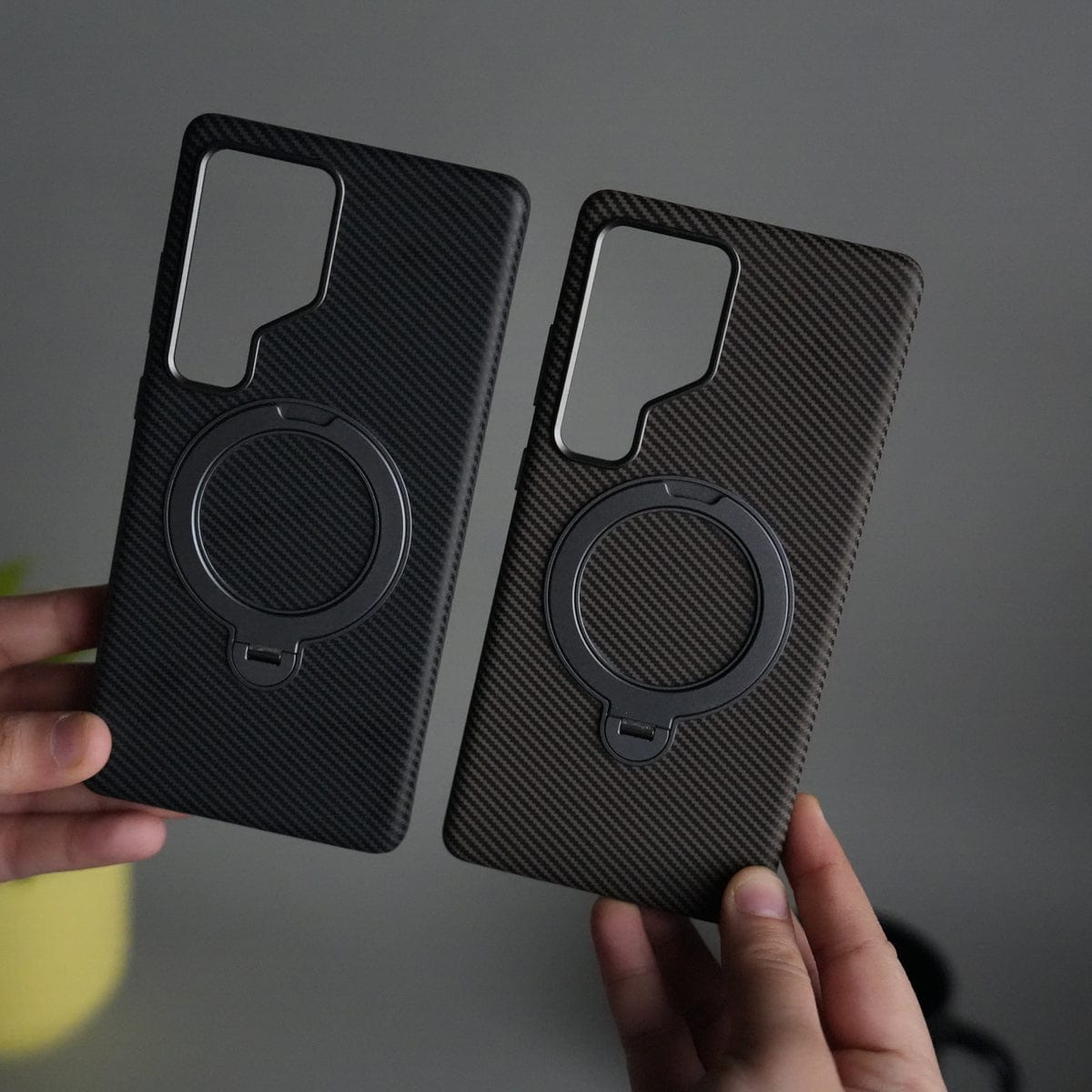 Galaxy S25 Ultra Carbon Fiber Texture Case with Metal Camera Frame & Rotating Ring Stand