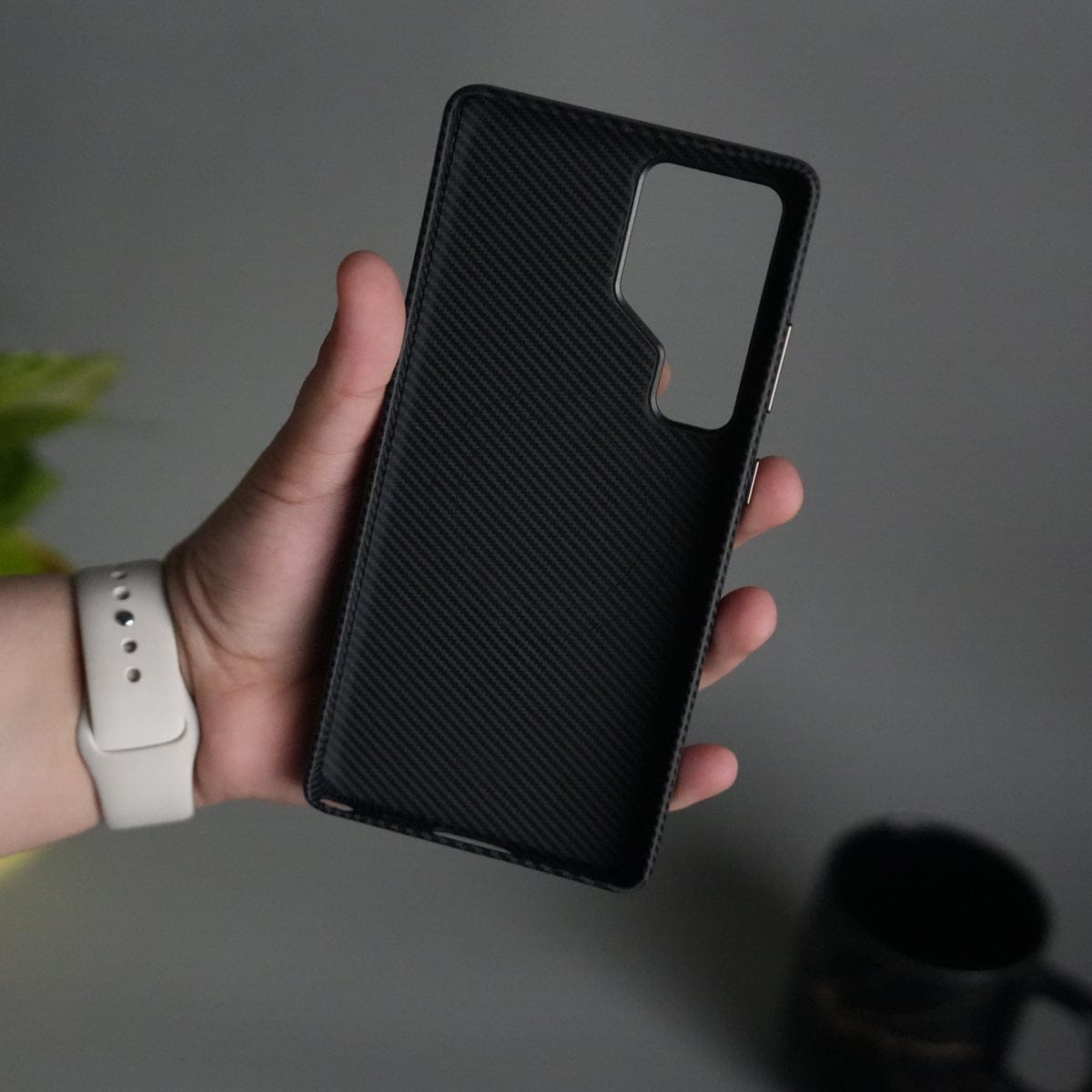 Galaxy S24 Ultra Carbon Fiber Texture Case with Metal Camera Frame & Rotating Ring Stand