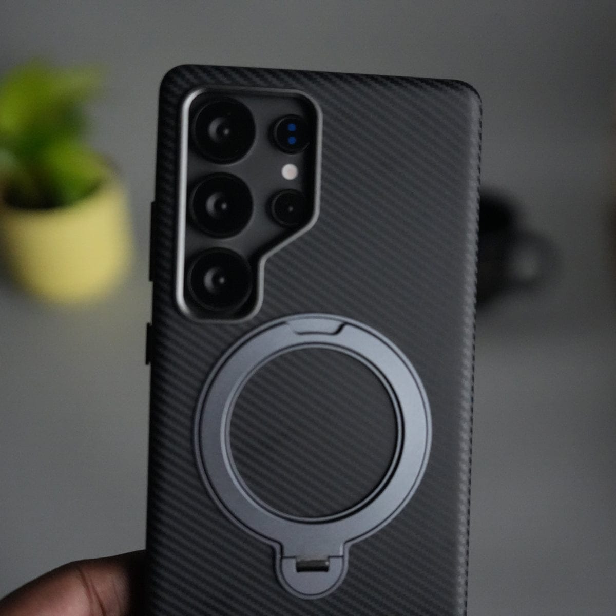 Galaxy S24 Ultra Carbon Fiber Texture Case with Metal Camera Frame & Rotating Ring Stand