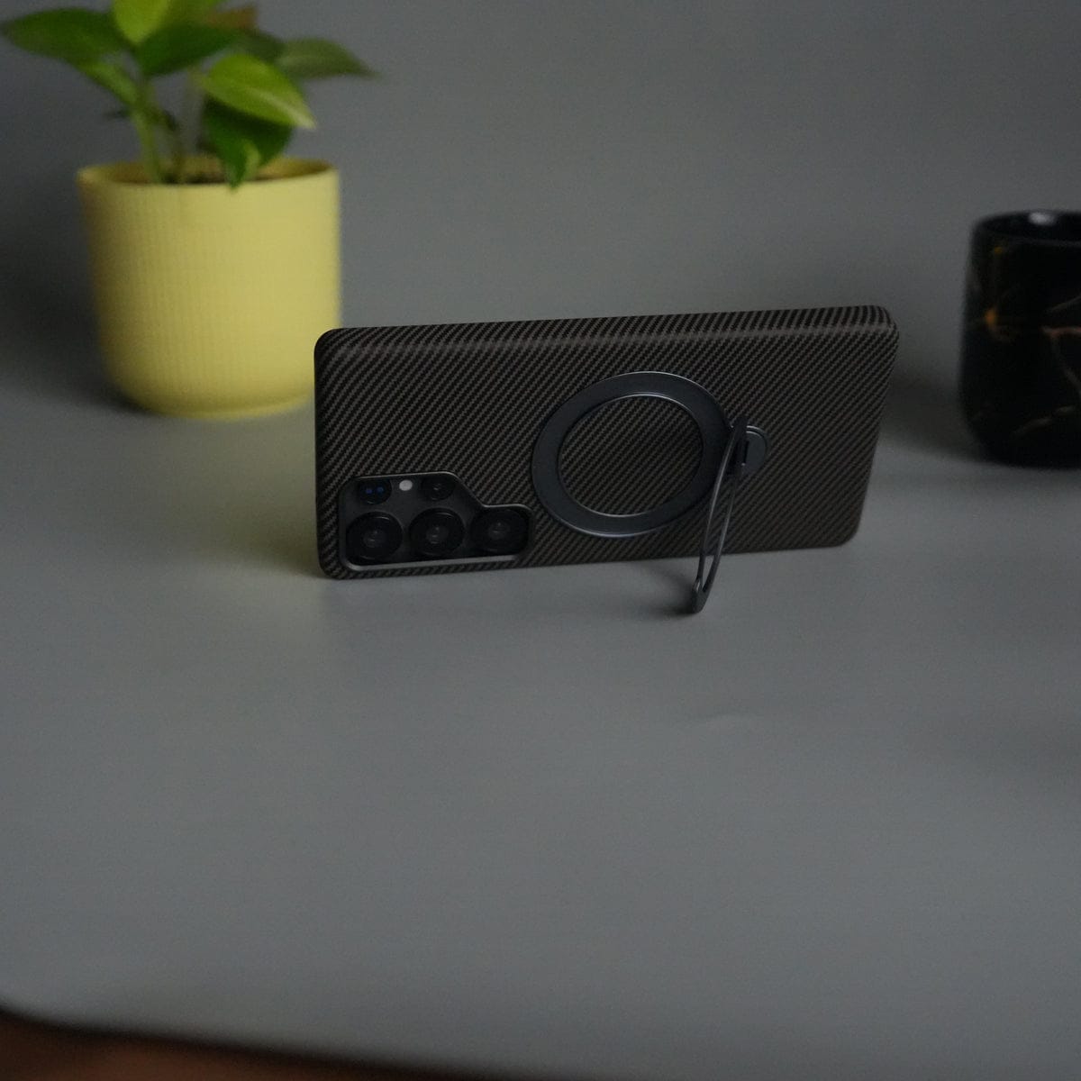 Galaxy S24 Ultra Carbon Fiber Texture Case with Metal Camera Frame & Rotating Ring Stand