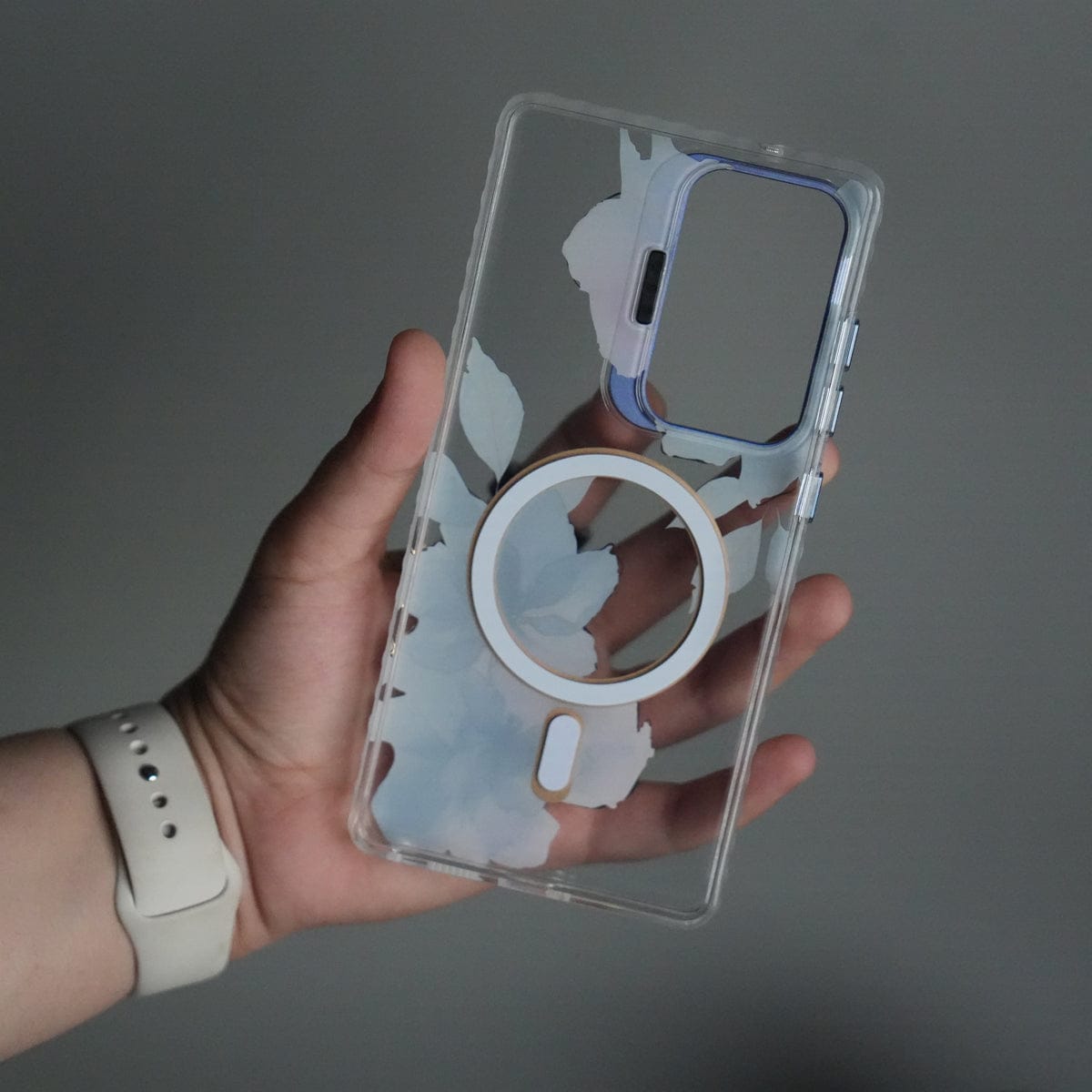 Galaxy S23 Ultra FloraCrystal Clear Floral Design Case with Color Metal Camera Stand Frame