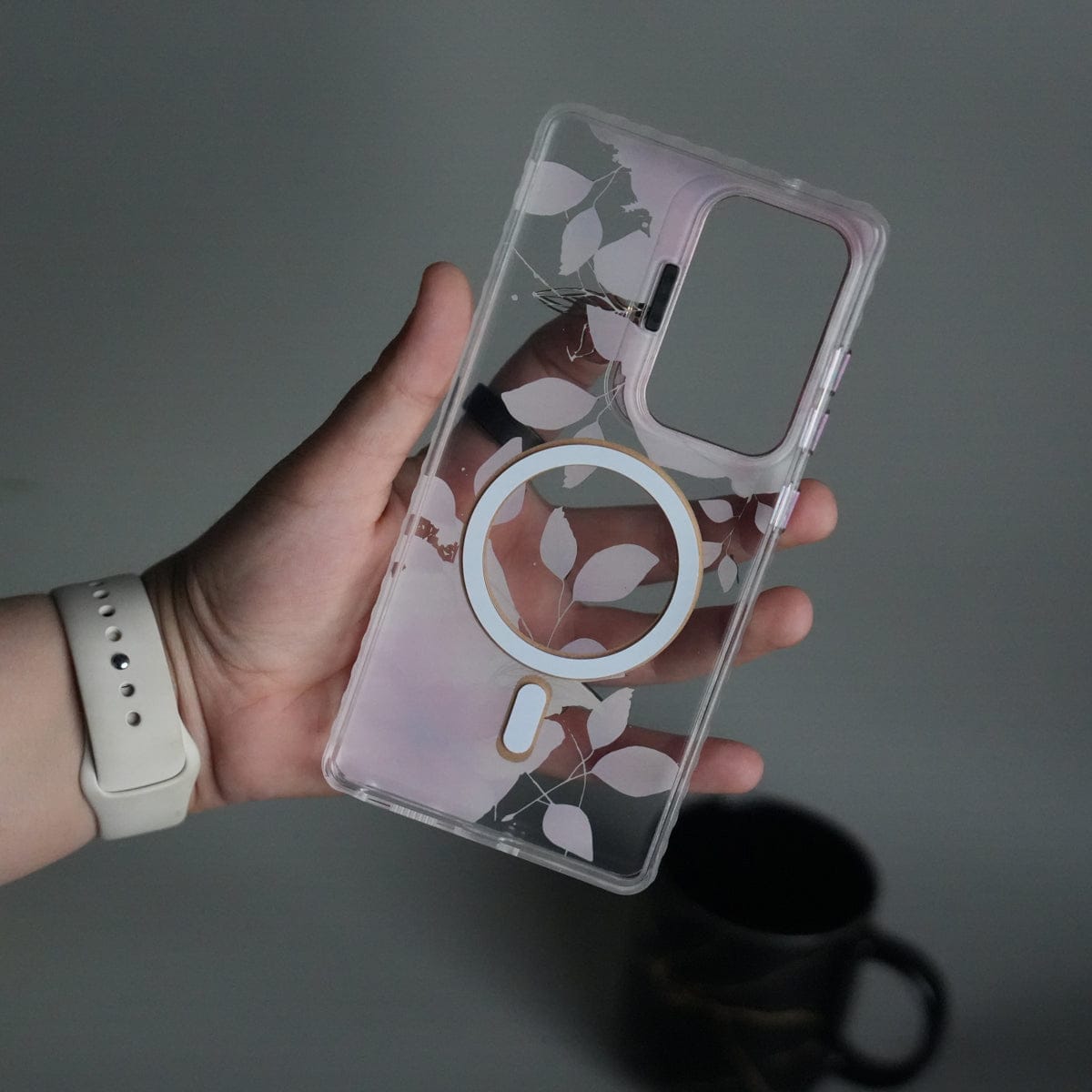 Galaxy S24 Ultra FloraCrystal Clear Floral Design Case with Color Metal Camera Stand Frame