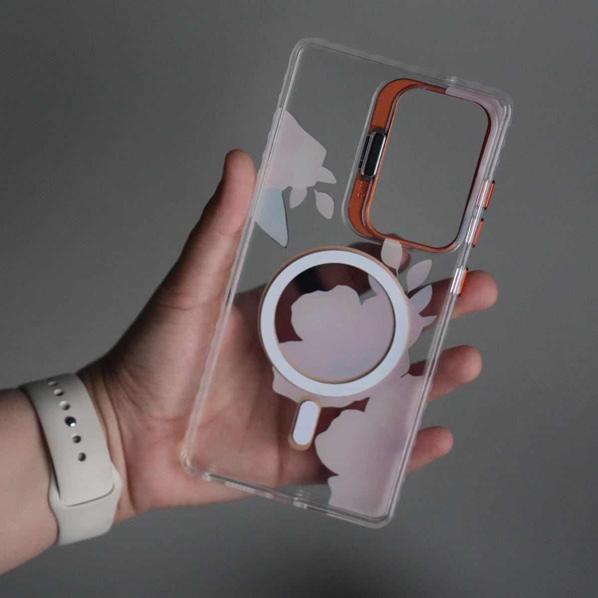 Galaxy S23 Ultra FloraCrystal Clear Floral Design Case with Color Metal Camera Stand Frame