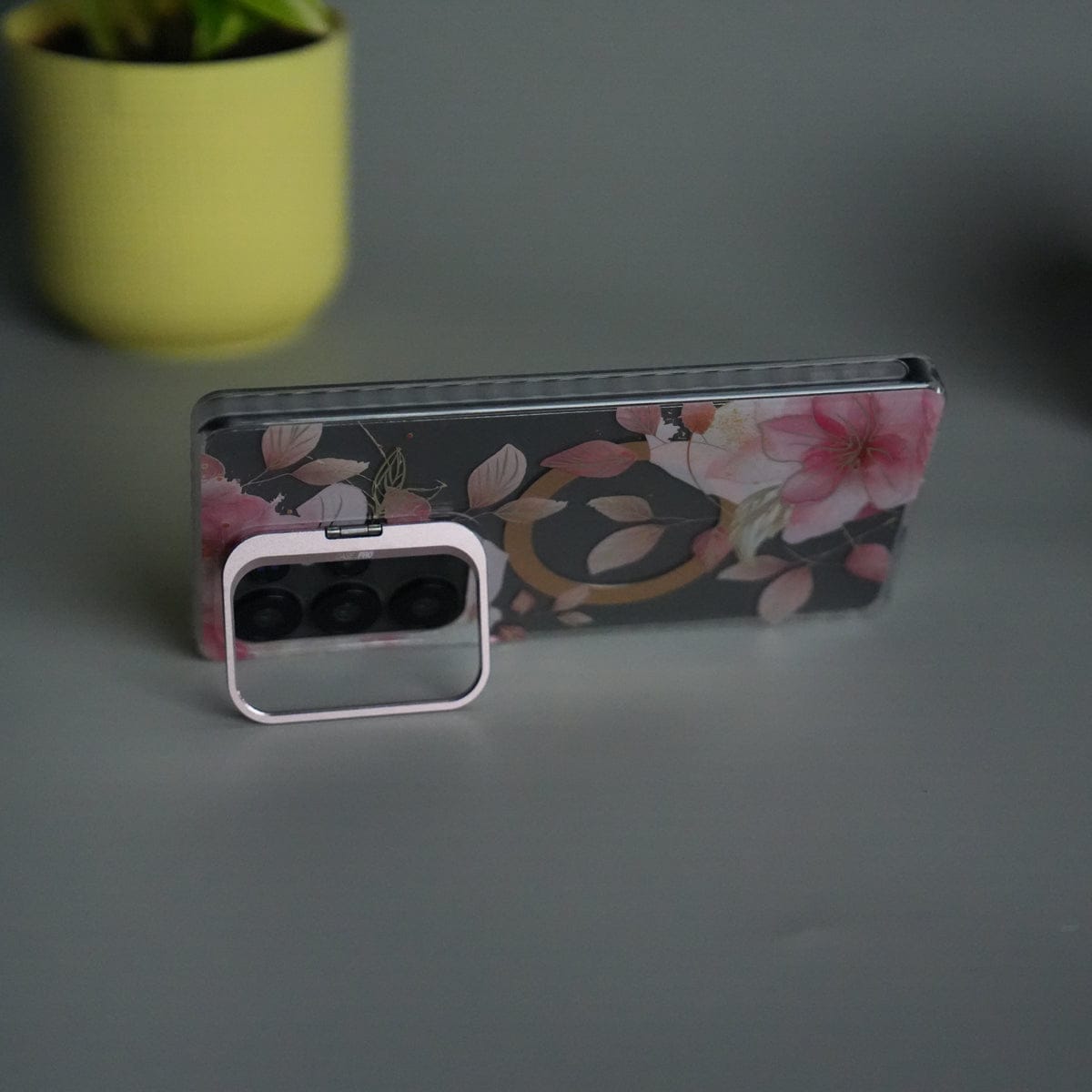 Galaxy S24 Ultra FloraCrystal Clear Floral Design Case with Color Metal Camera Stand Frame