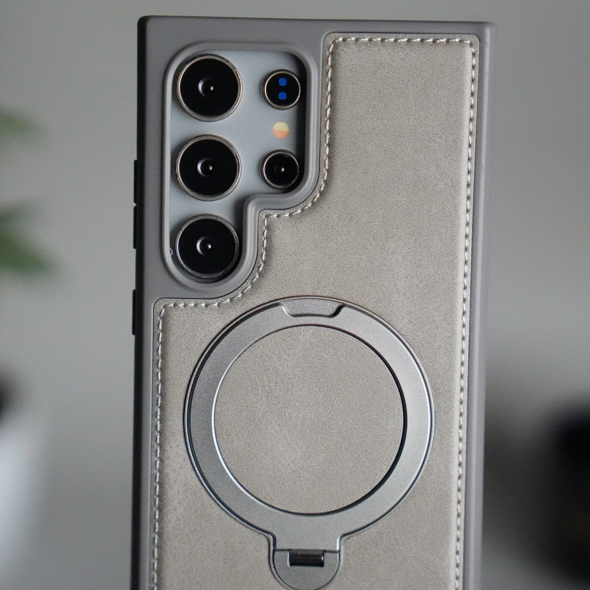 Galaxy S24 Ultra Leather Case | Luxury Metal Ring Stand Back Cover | Shockproof Protective Case
