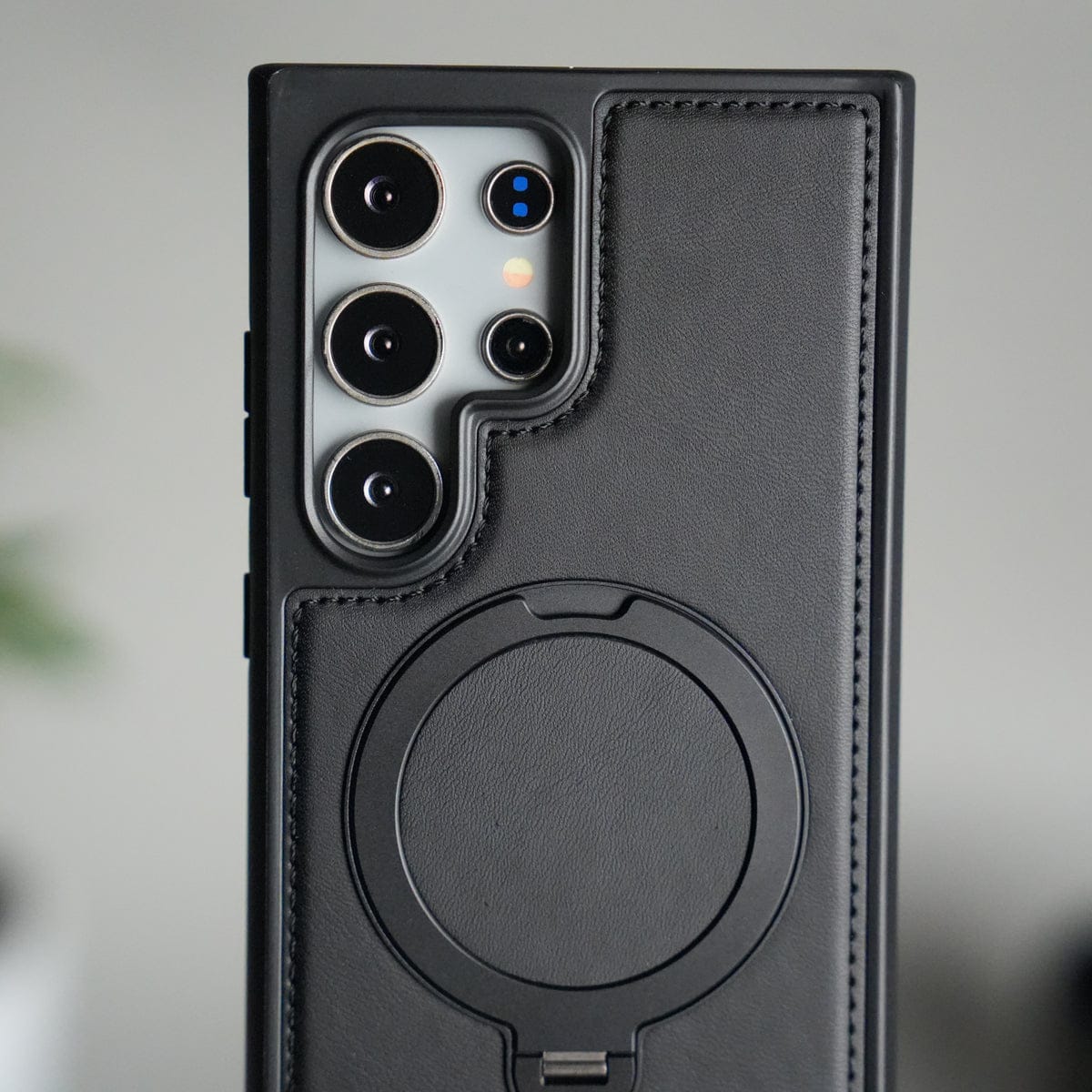 Galaxy S25 Ultra Leather Case | Luxury Metal Ring Stand Back Cover | Shockproof Protective Case