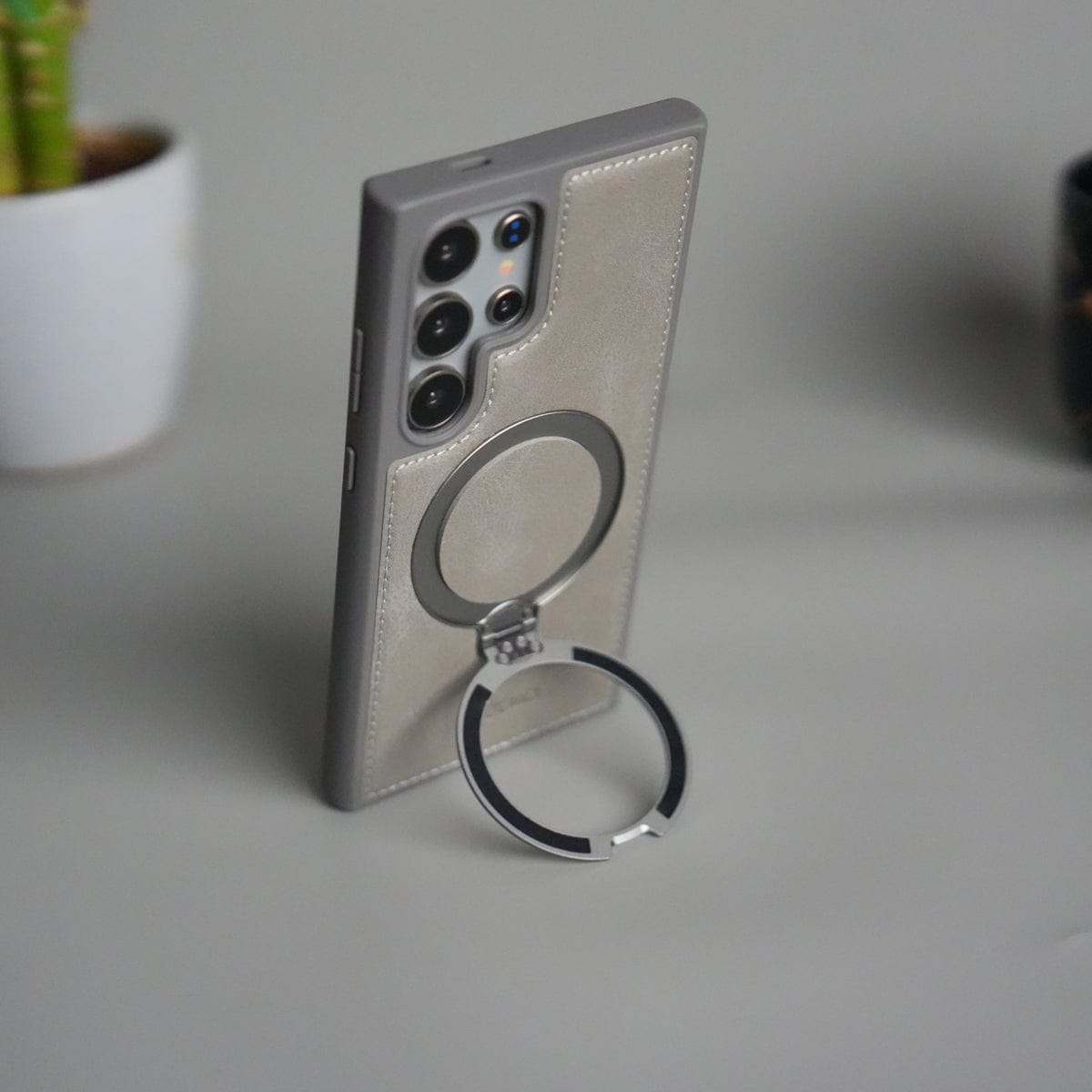 Galaxy S24 Ultra Leather Case | Luxury Metal Ring Stand Back Cover | Shockproof Protective Case