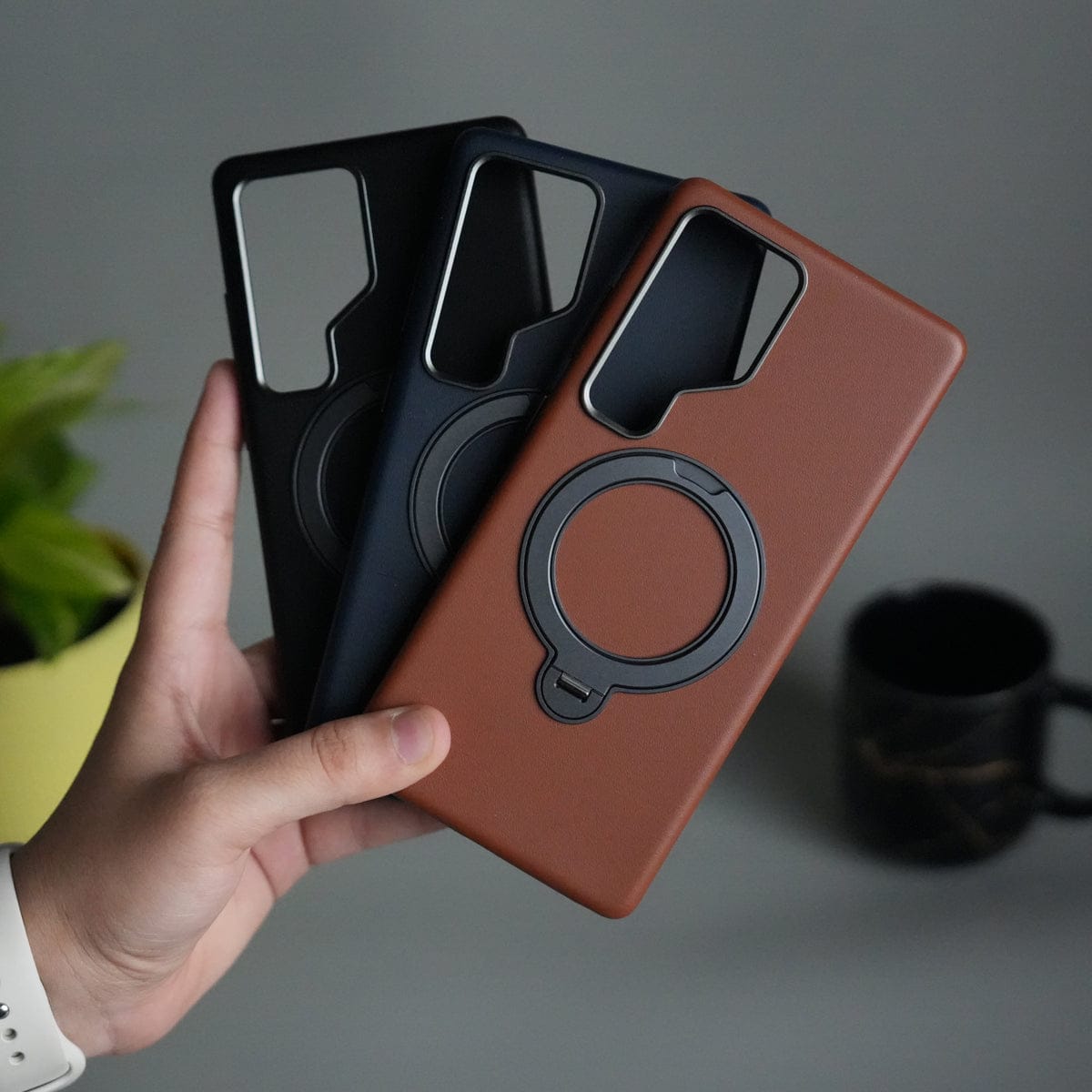 Galaxy S24 Ultra PU Leather Case with Metal Camera Frame & 360° Rotating Metal Stand