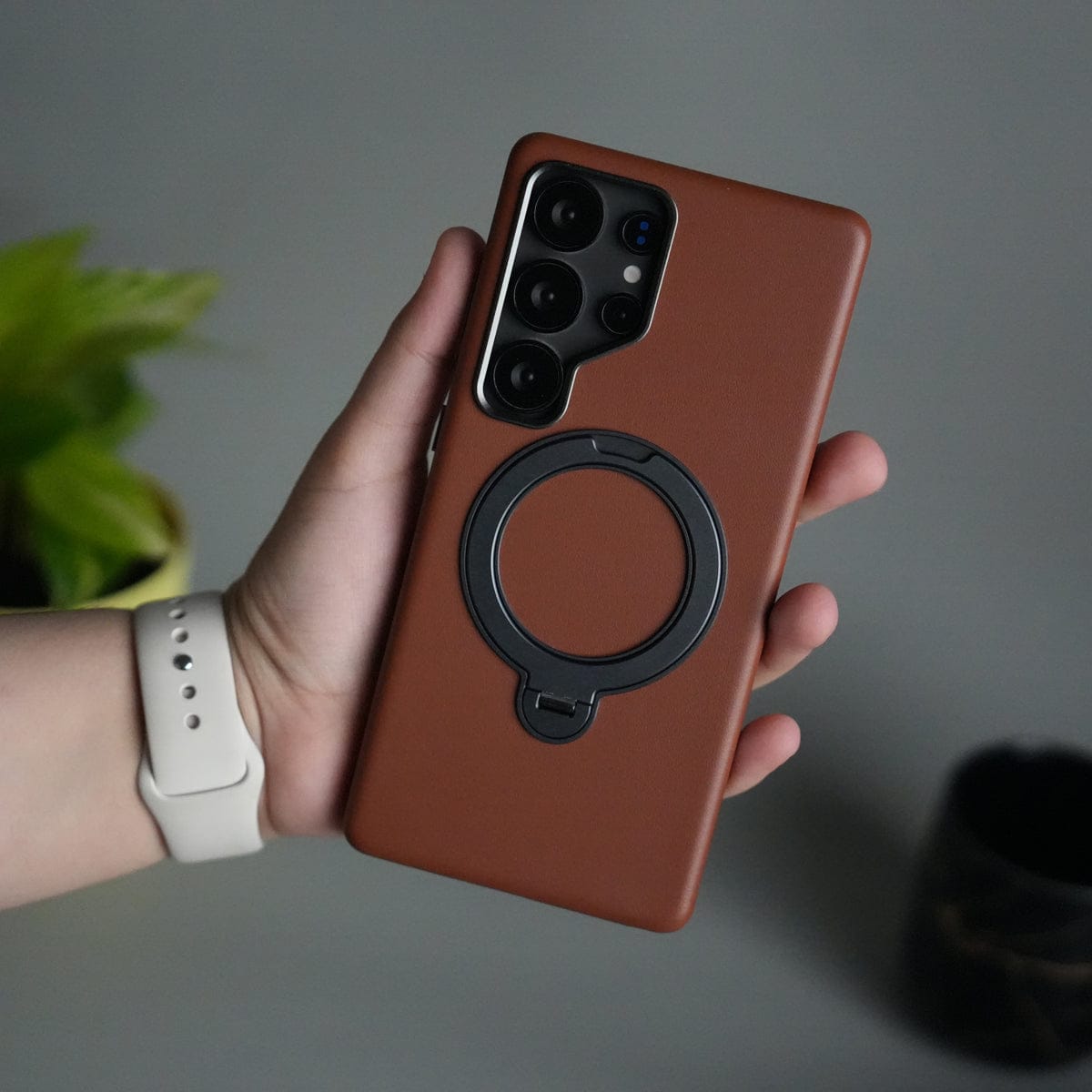 Galaxy S25 Ultra PU Leather Case with Metal Camera Frame & 360° Rotating Metal Stand
