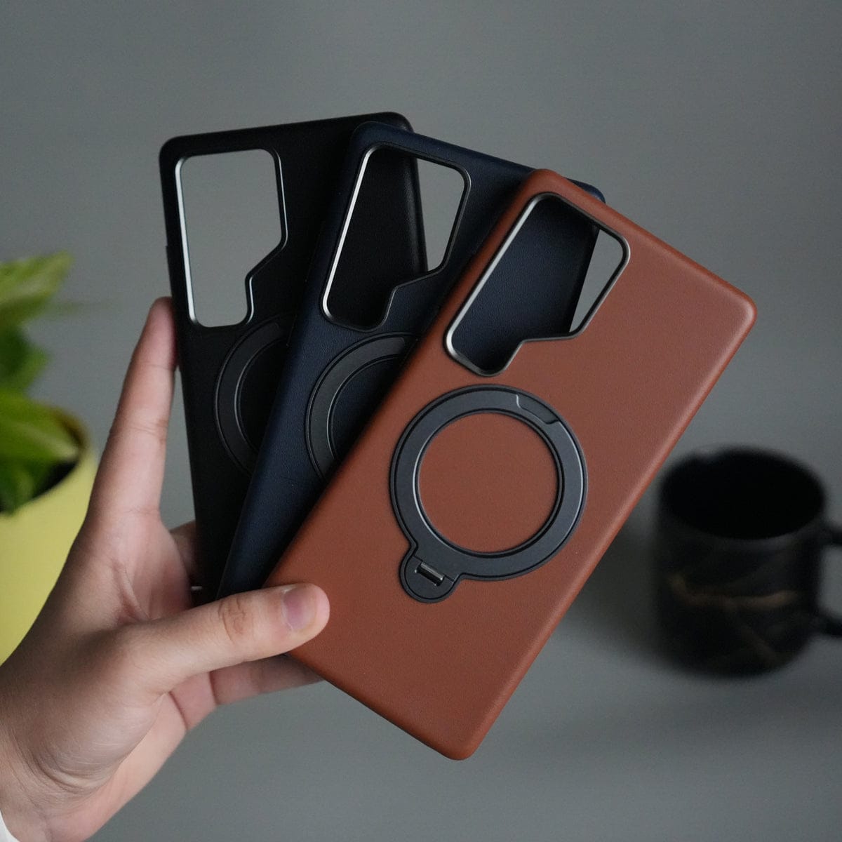 Galaxy S25 Ultra PU Leather Case with Metal Camera Frame & 360Â° Rotating Metal Stand