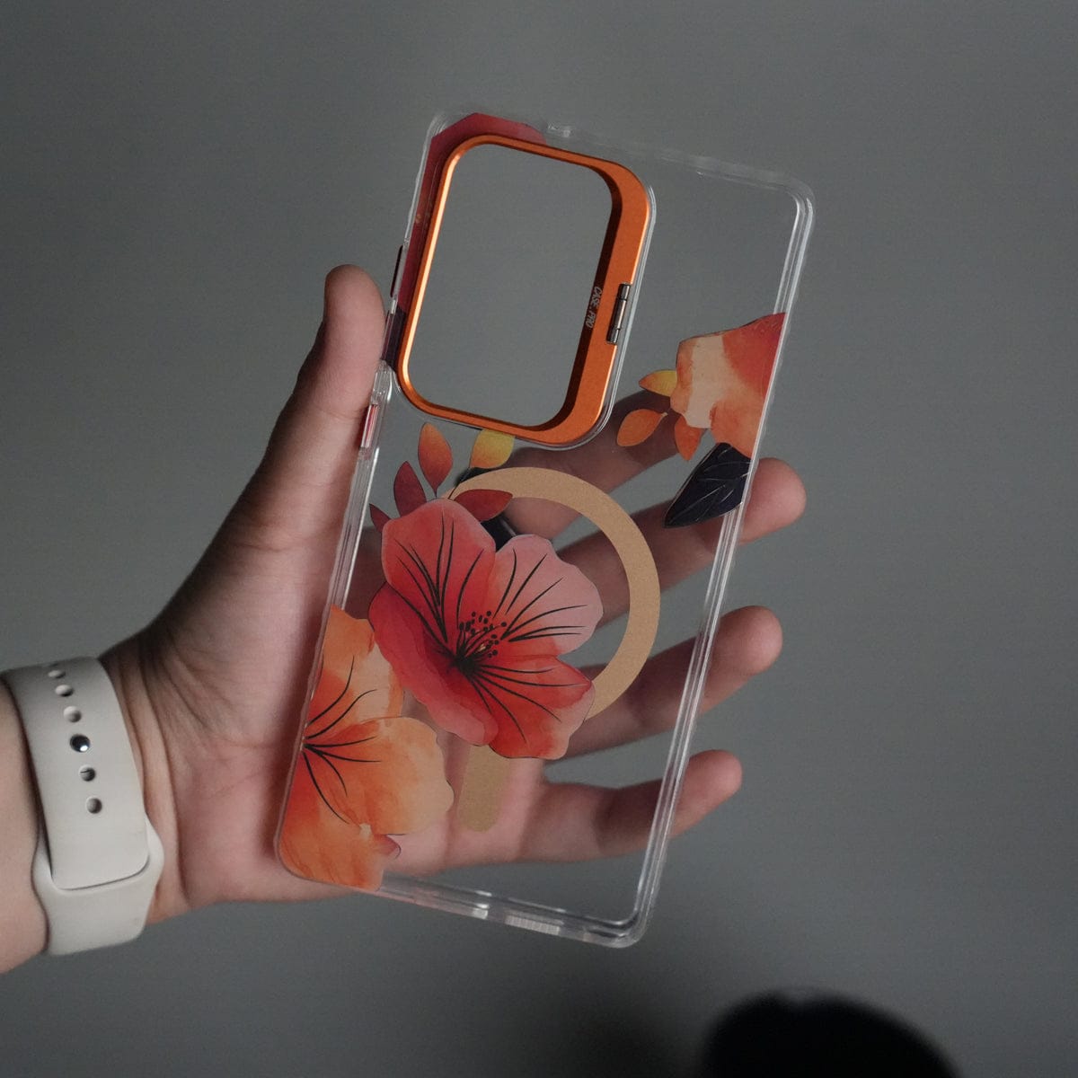 Galaxy S24 Ultra FloraCrystal Clear Floral Design Case with Color Metal Camera Stand Frame