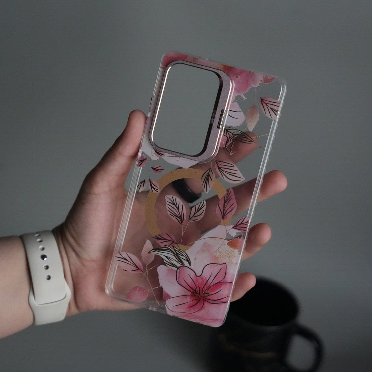 Galaxy S24 Ultra FloraCrystal Clear Floral Design Case with Color Metal Camera Stand Frame