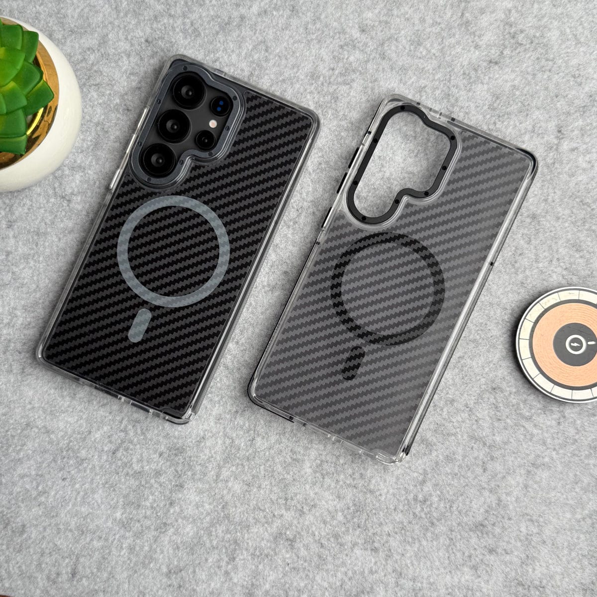 Samsung Galaxy S24 Ultra Carbon Texture Transparent Metal Camera Ring MagSafe Cover