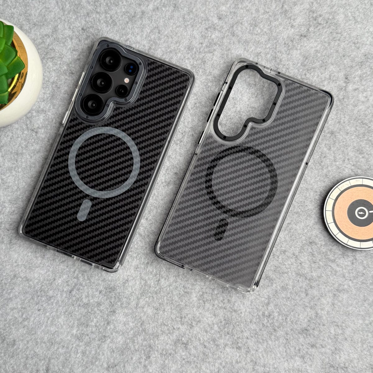 Samsung Galaxy S24 Ultra Carbon Texture Transparent Metal Camera Ring MagSafe Cover