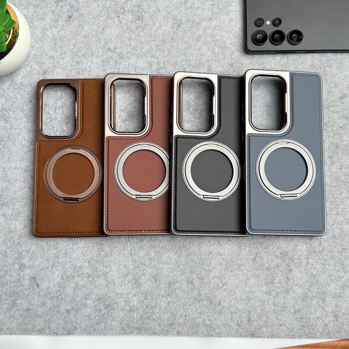 Samsung Galaxy S24 Ultra Leather Mate Chrome Plated Rotating Stand Case Cover