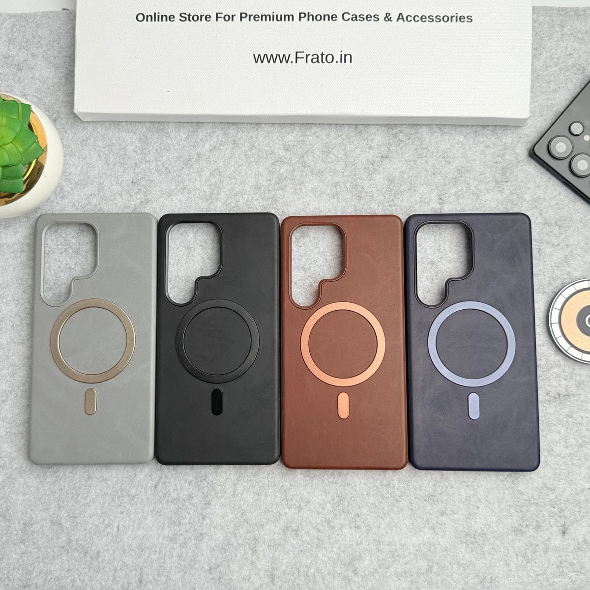 Samsung Galaxy Ultra Series Premium PU Leather Metal MagSafe Ring Case