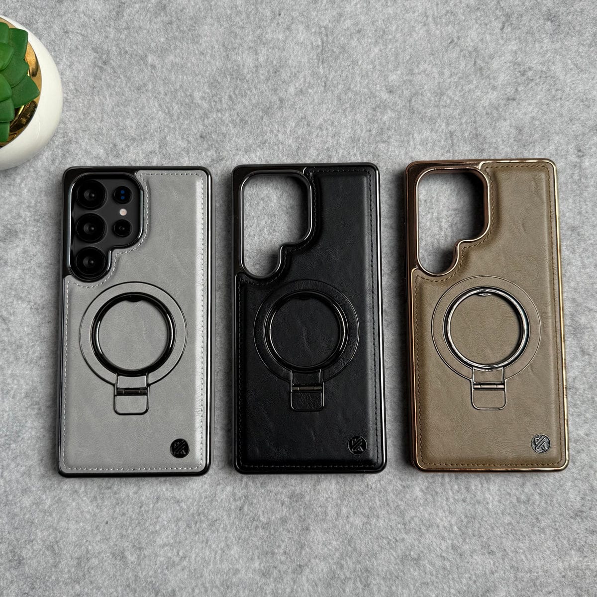 Samsung Galaxy Ultra Series PU Leather Chrome Side Case With Ring Metal Stand