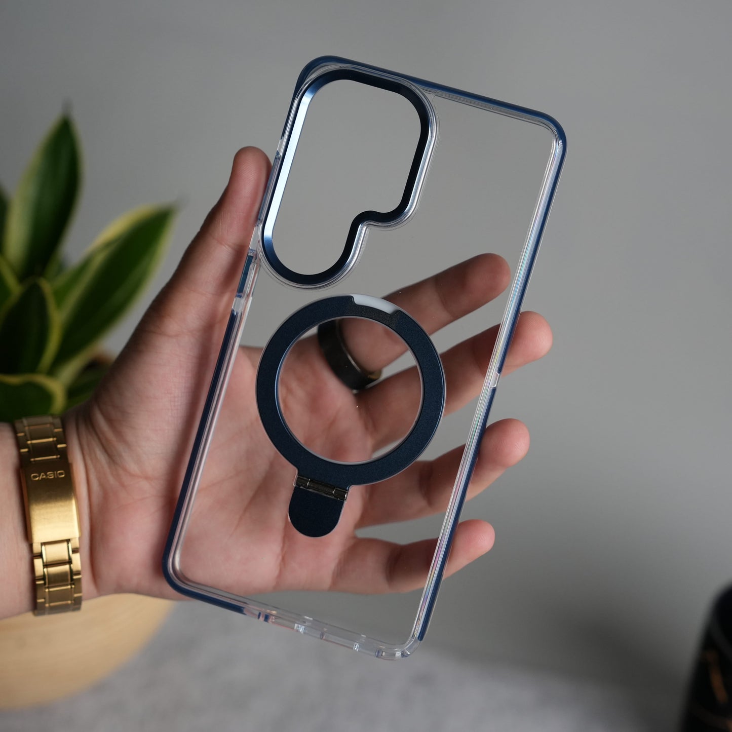 Galaxy S25 Ultra Clear MagSafe Kickstand Case | Transparent Shockproof Slim Cover with Metal Ring Stand
