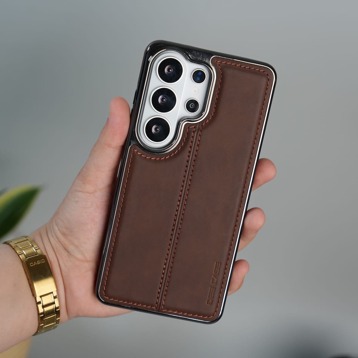 Galaxy S25 Ultra Leather Case | Classic Sude Chrome Middle Stitched Back Cover