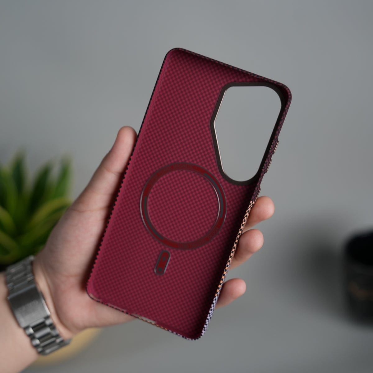 Galaxy S24 Ultra Carbon Fiber Texture Design Hard Pc MagSafe Case Cover MaroonTop Design