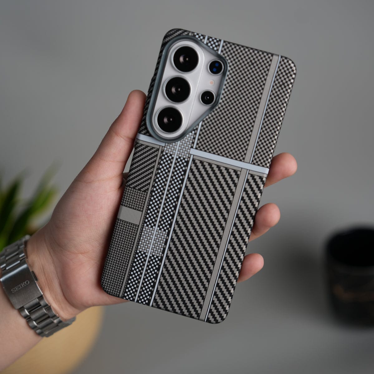 Galaxy S26 Ultra Carbon Fiber Texture Design Hard Pc MagSafe Case Cover SilverMixLine Design