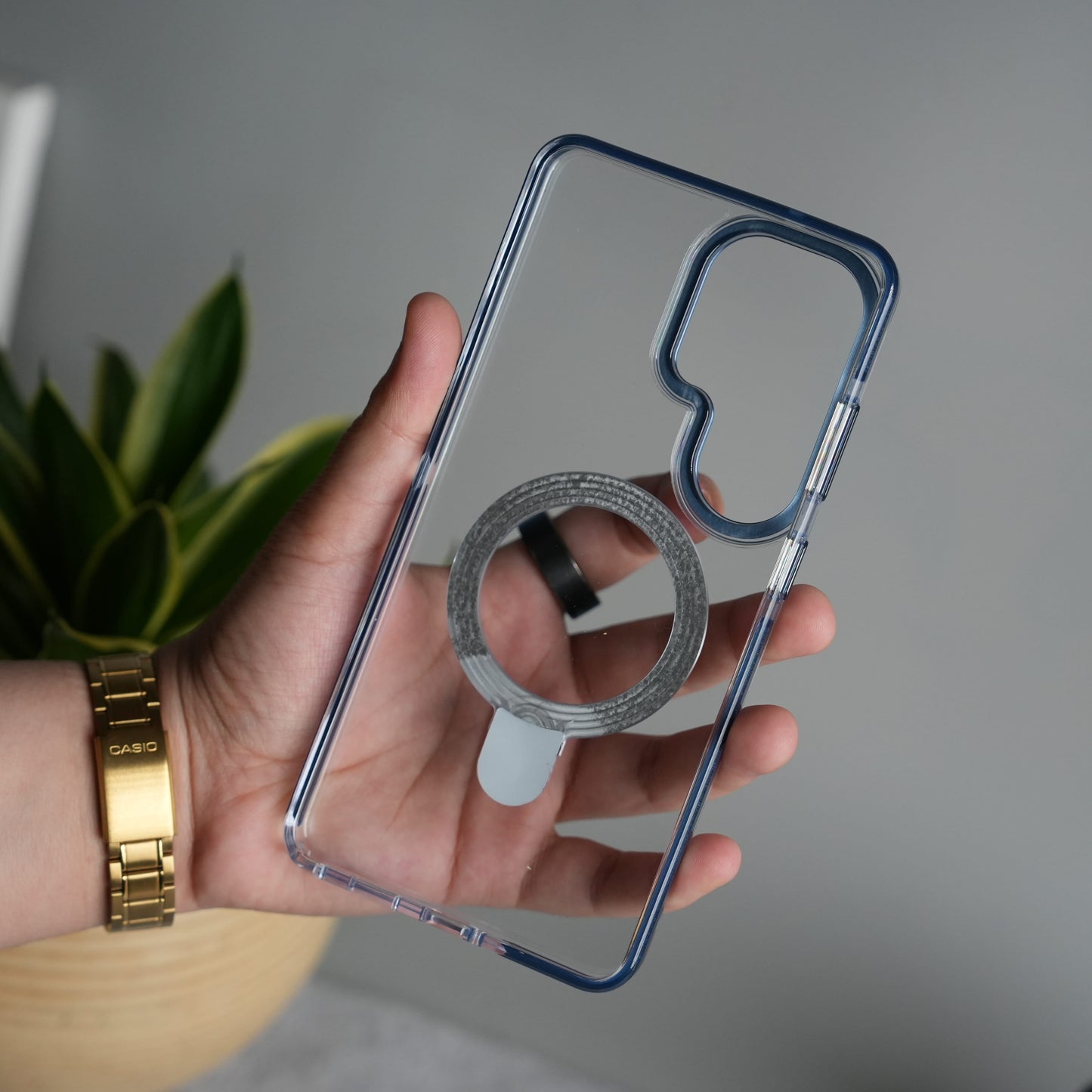 Galaxy S25 Ultra Clear MagSafe Kickstand Case | Transparent Shockproof Slim Cover with Metal Ring Stand